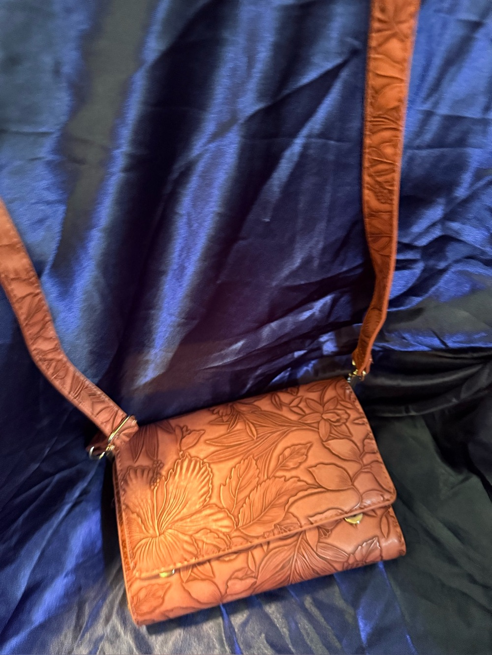Floral Embossed Leather Crossbody Bag in Brown
